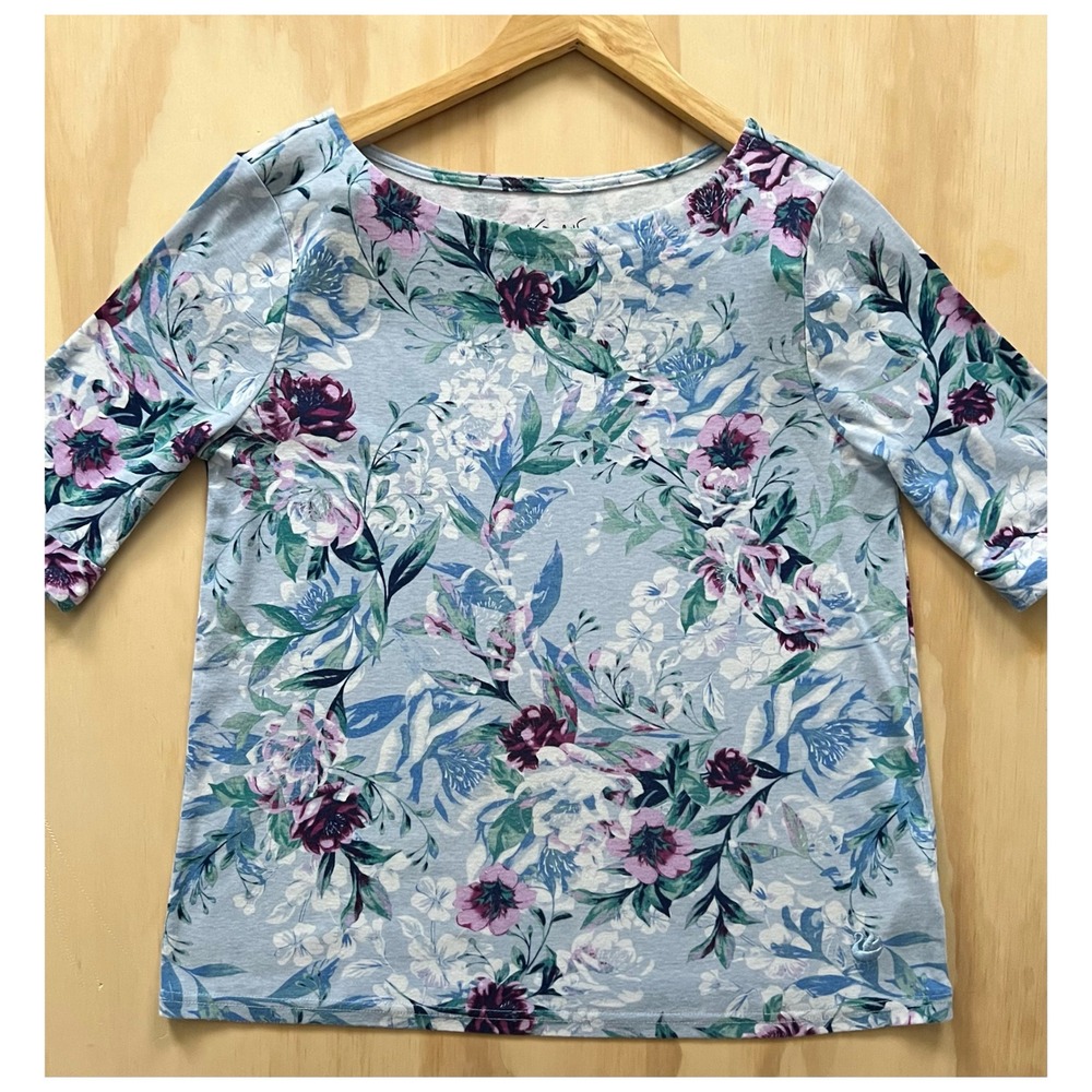 Gloria Vanderbilt Blue Floral Top Women's M | Boat Neck Elbow Sleeve